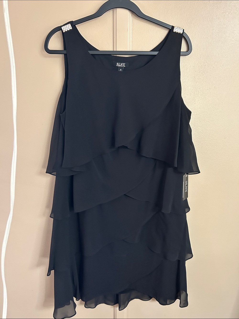 SLNY Black Tiered Chiffon Sleeveless Dress with Rhinestone Shoulder Accents